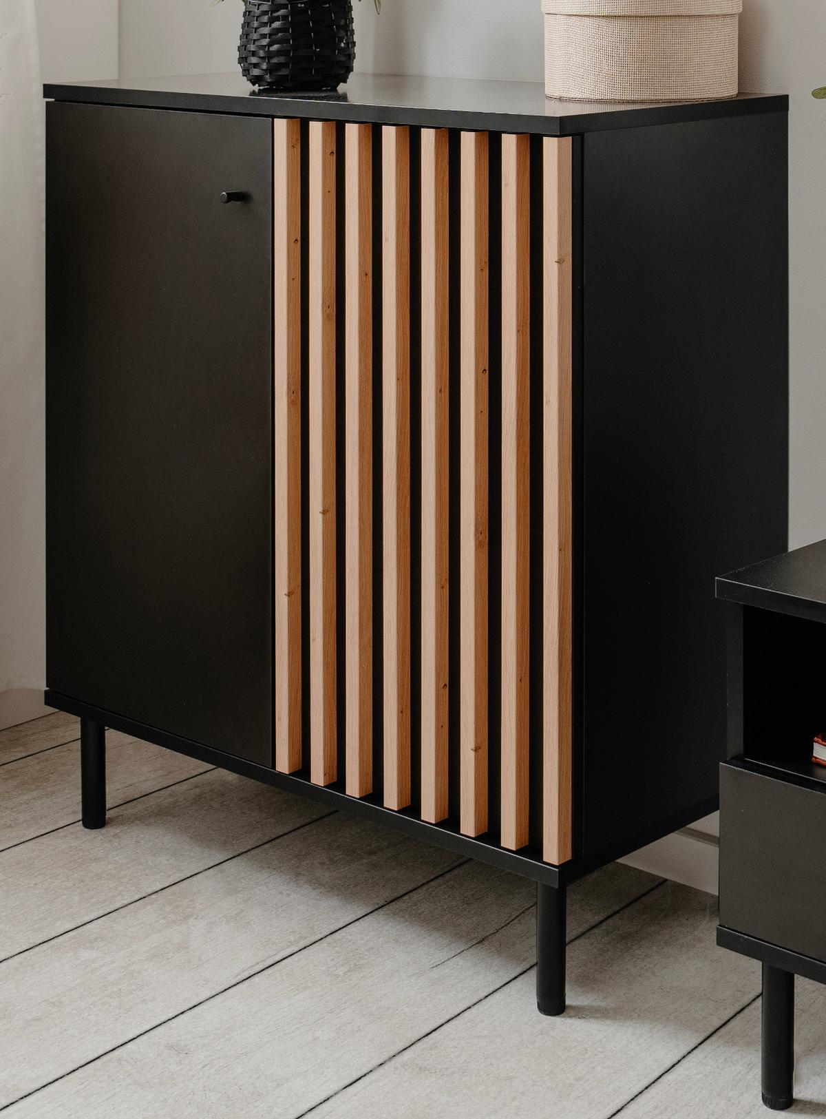 KOMMODE schwarz, Eiche Artisan 80 cm, Sideboard mit 3D-Lamellen - Schwarz/Eiche Artisan, Holzwerkstoff/Metall (80/90/40cm) - Furn.Design