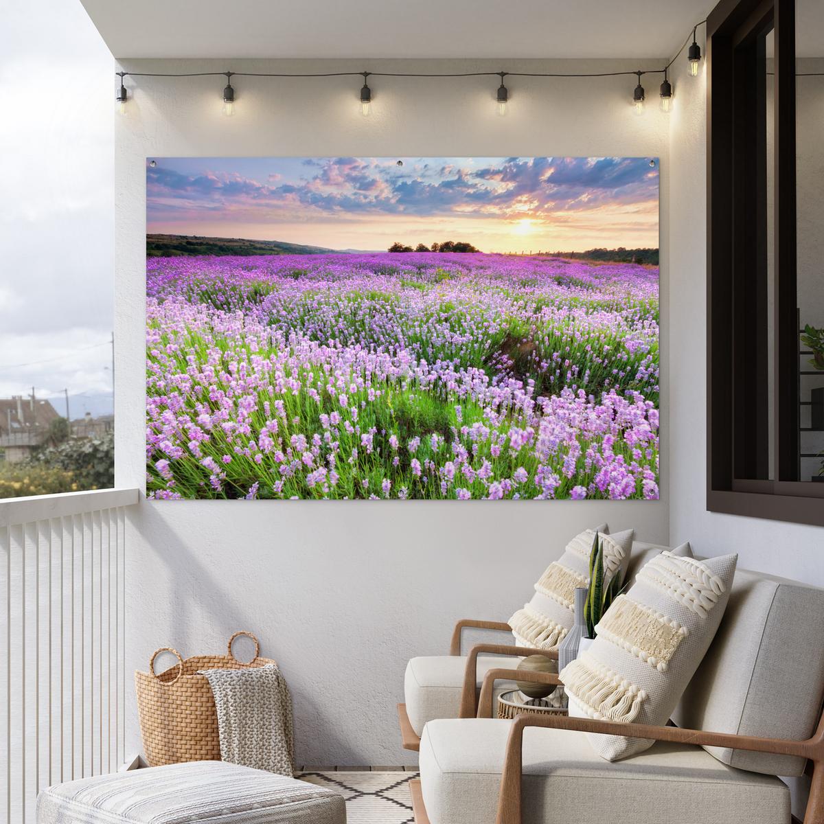 GARTENPOSTER Blumen - Lavendel - Lila - Himmel - Sonnenuntergang - Wiese - Natur Poster für draußen 180x120 cm - Flieder, Kunststoff (180/120/0.2cm) - OnlyWow