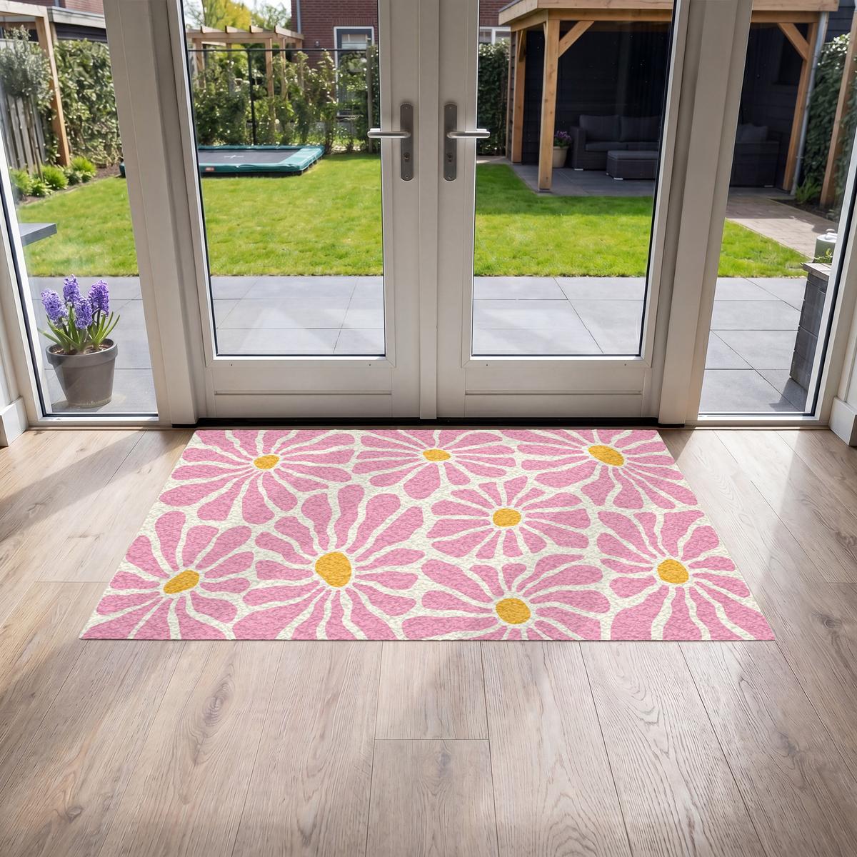 FUSSMATTE Blumen - Muster - Rosa - Beige - Orange Sauberlaufmatte 150x90 cm - Rosa, Kunststoff (150/0.4cm) - MuchoWow