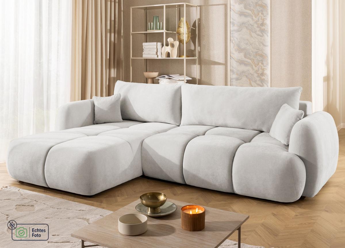 ECKSOFA Loretto aus natürlichem Creme Webstoff mit Schlaffunktion, Bettkasten und tiefen Steppungen in Bubble-Optik - Creme/Schwarz, Holz/Kunststoff (180/275cm) - S-Style