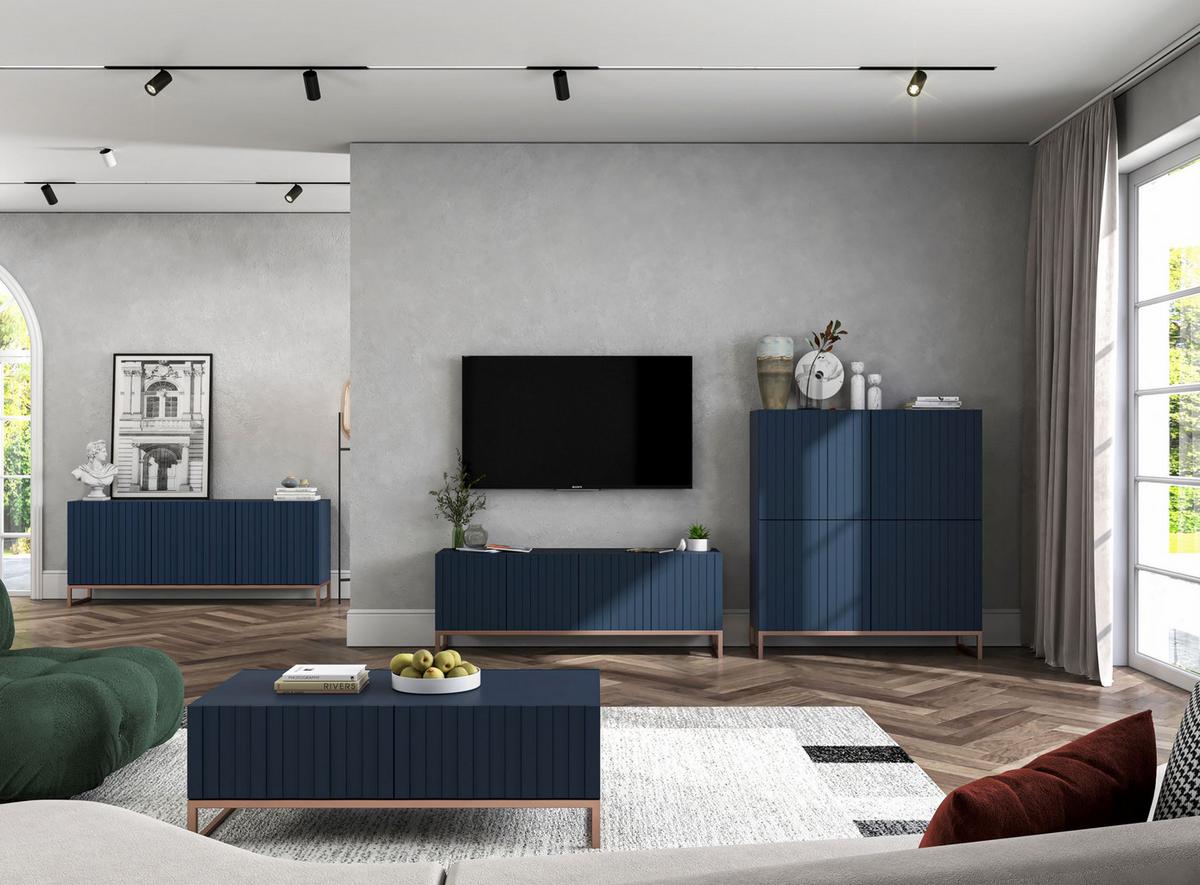 KOMMODE Elpis 4D Marineblau Matt Glamour 112 cm - Blau/Kupferfarben, Holzwerkstoff/Metall (112/126/36.5cm) - Meble Lindner