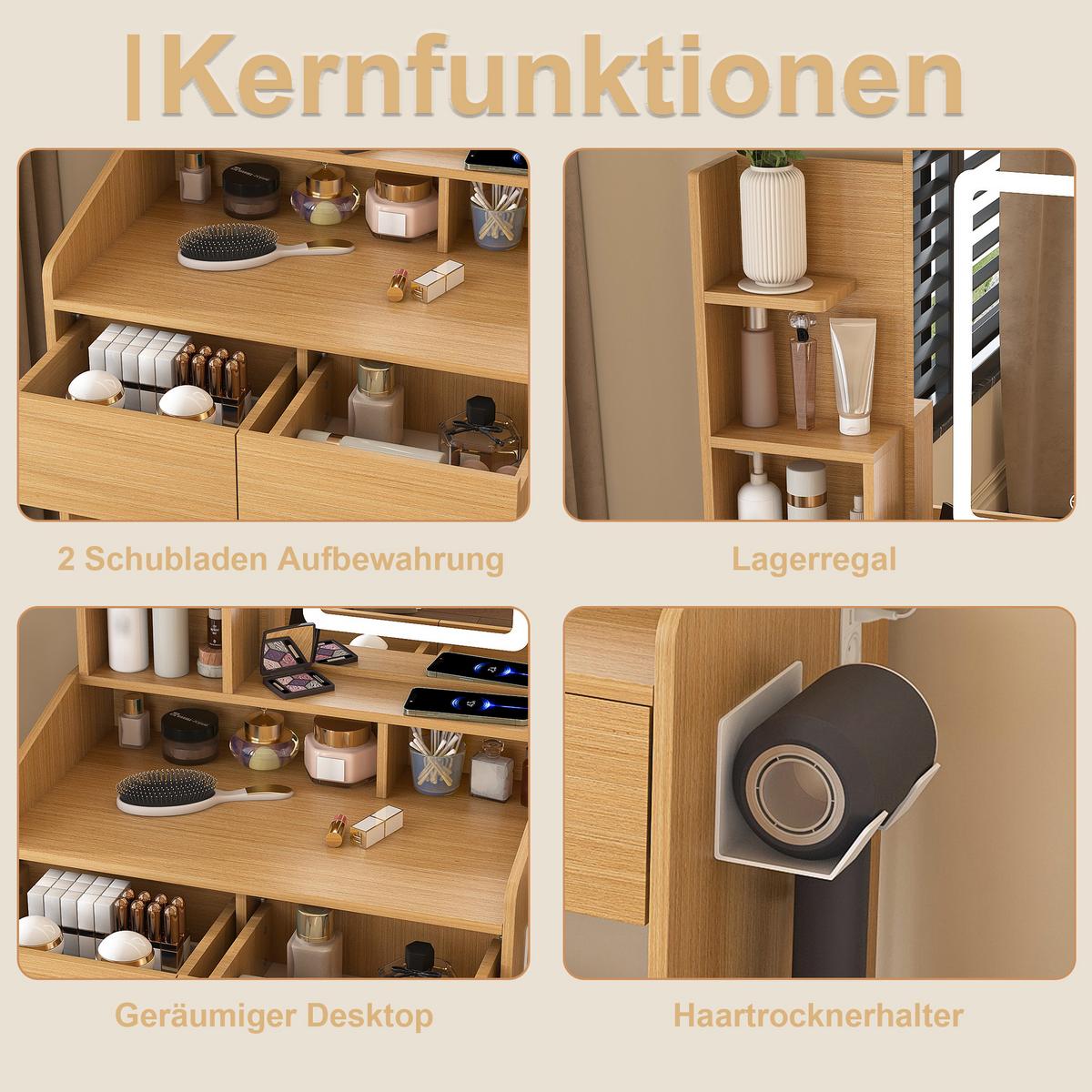 SCHMINKTISCH holzoptik 60 cm mit LED-Spiegel, Steckdose & Hocker - Naturfarben, Holzwerkstoff (60/130/36cm) - Urban Meuble