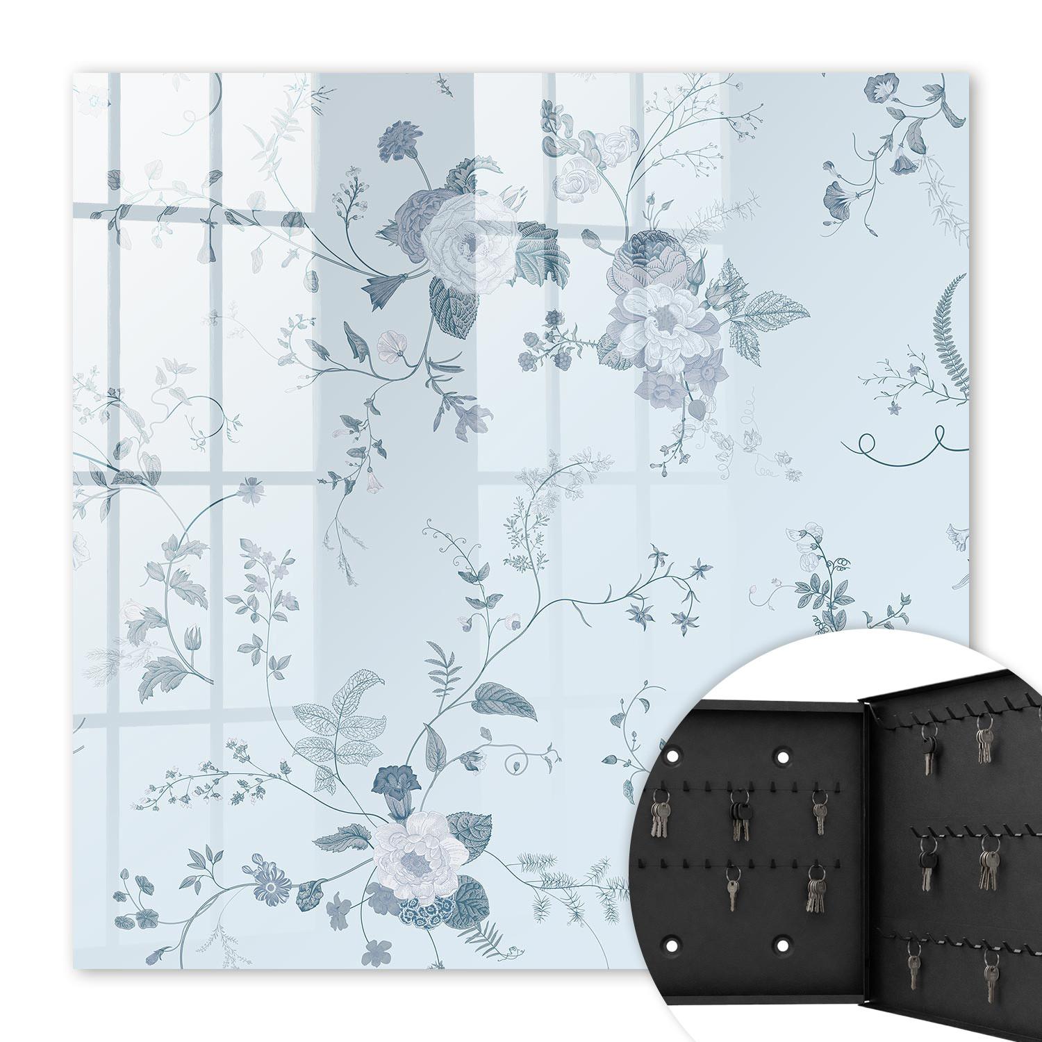 SCHLÜSSELBOX Schwarz 30x30 cm- Türöffnung nach rechts - Botanische Blumen - Blau, Metall (30/30/5cm) - TULUP