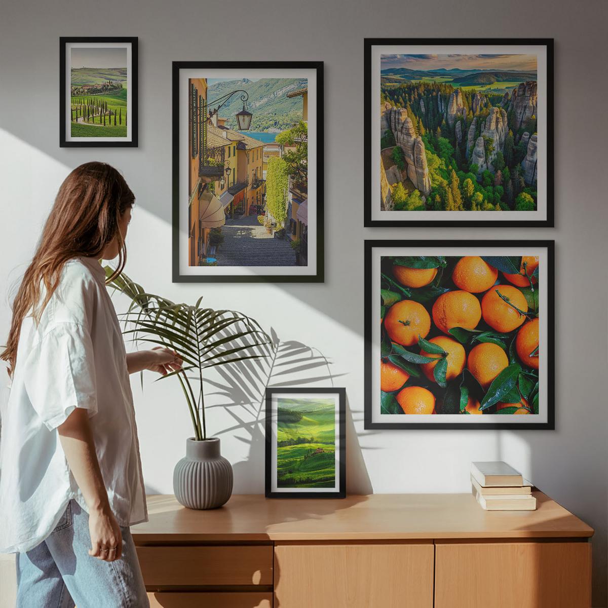 BILDER SET 5er Set - 50x50 cm & 20x30 cm & 40x60 cm Schwarzer Rahmen - Italienische Landschaft Orangen Natur - Schwarz, Kunststoff (40/60cm) - TULUP