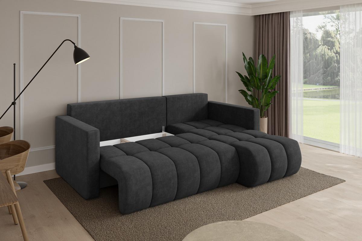 ECKSOFA mit Schlaffunktion Ottomane Rechts GARD-L 226x146x85 Dunkelgrau Velours - Anthrazit/Schwarz, Holzwerkstoff/Kunststoff (226/146cm) - ALTDECOR