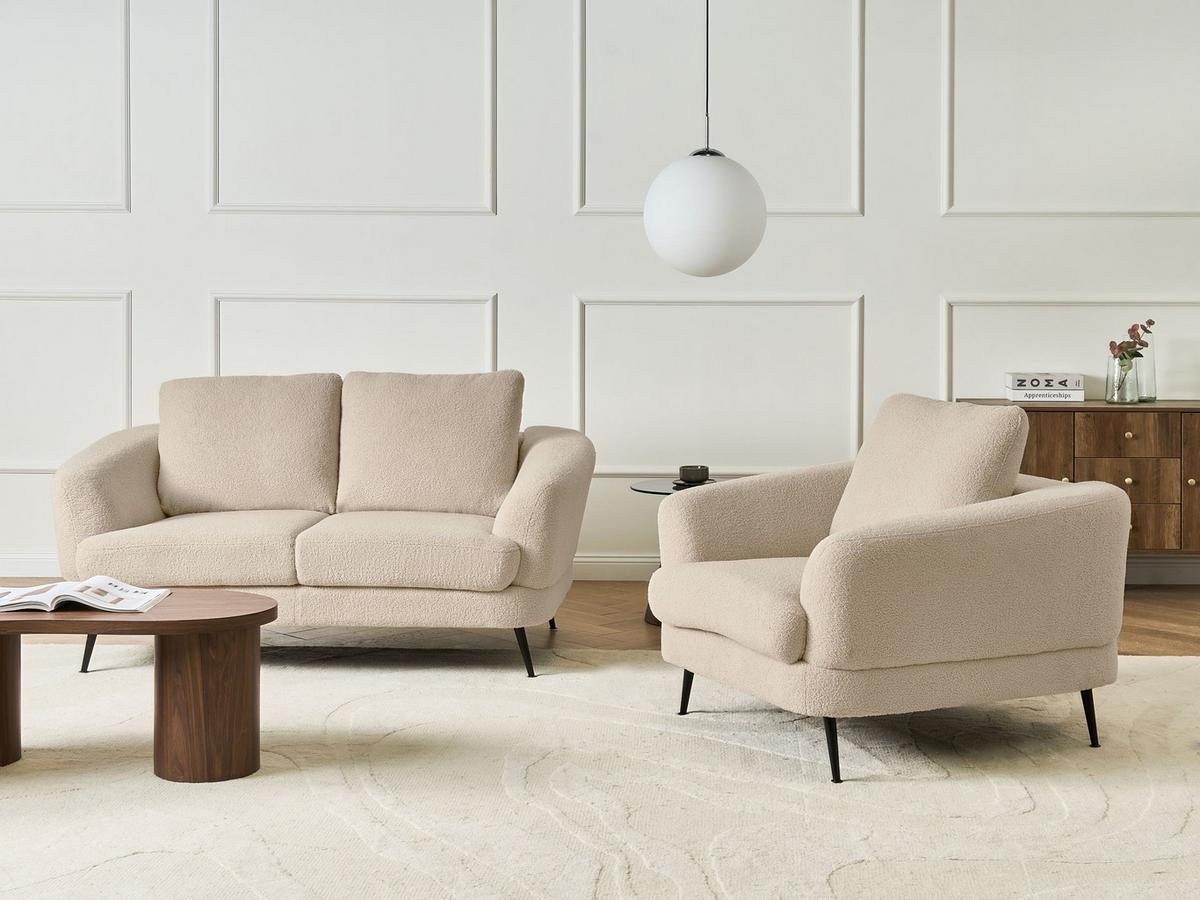 SOFA-SET 3-Sitzer Bouclé Hellbeige Kjaer - Beige/Schwarz, Textil (155/100/100cm) - Beliani