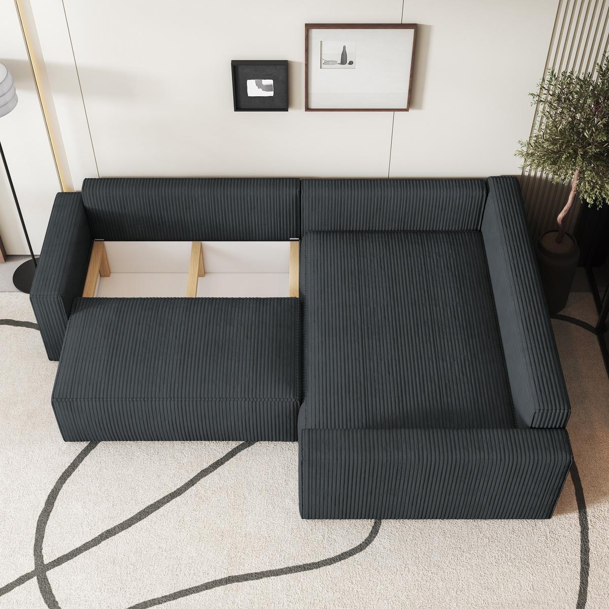 ECKSOFA ERONIS R-S Graphitfarben Kordstoff mit Schlaffunktion - Graphitfarben, Holz (265/194cm) - MASSENO