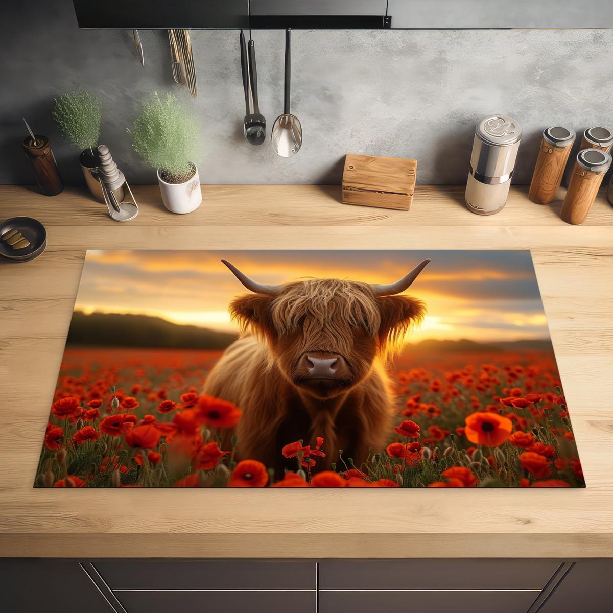 HERDABDECKPLATTE Schottische Highlander - Rosen - Blumenfeld - Sonnenuntergang Ceranfeldabdeckung 85x52 cm - Rotbraun, Kunststoff (85/52/0.2cm) - MuchoWow