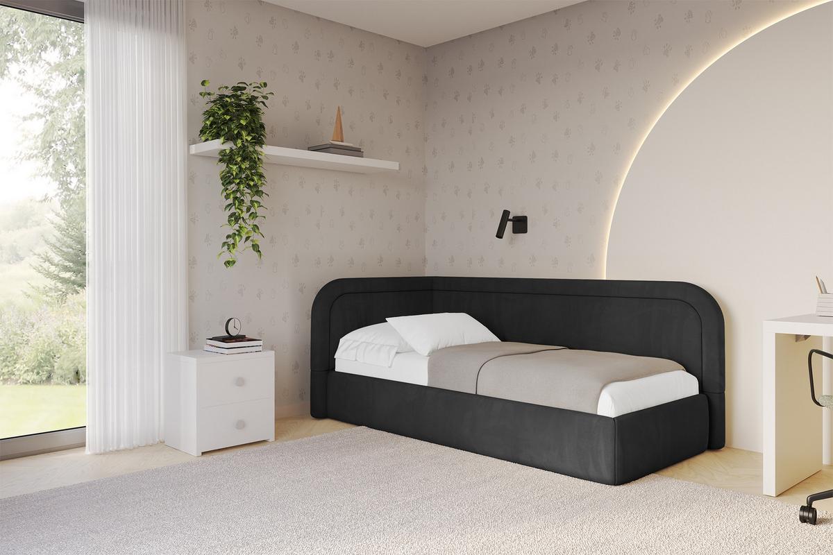 EINZELLBETT Jugendbett mit Bettkasten, Rechts - JOVY 80x200 Schwarz - Anthrazit, Holzwerkstoff/Textil (80/200cm) - ALTDECOR