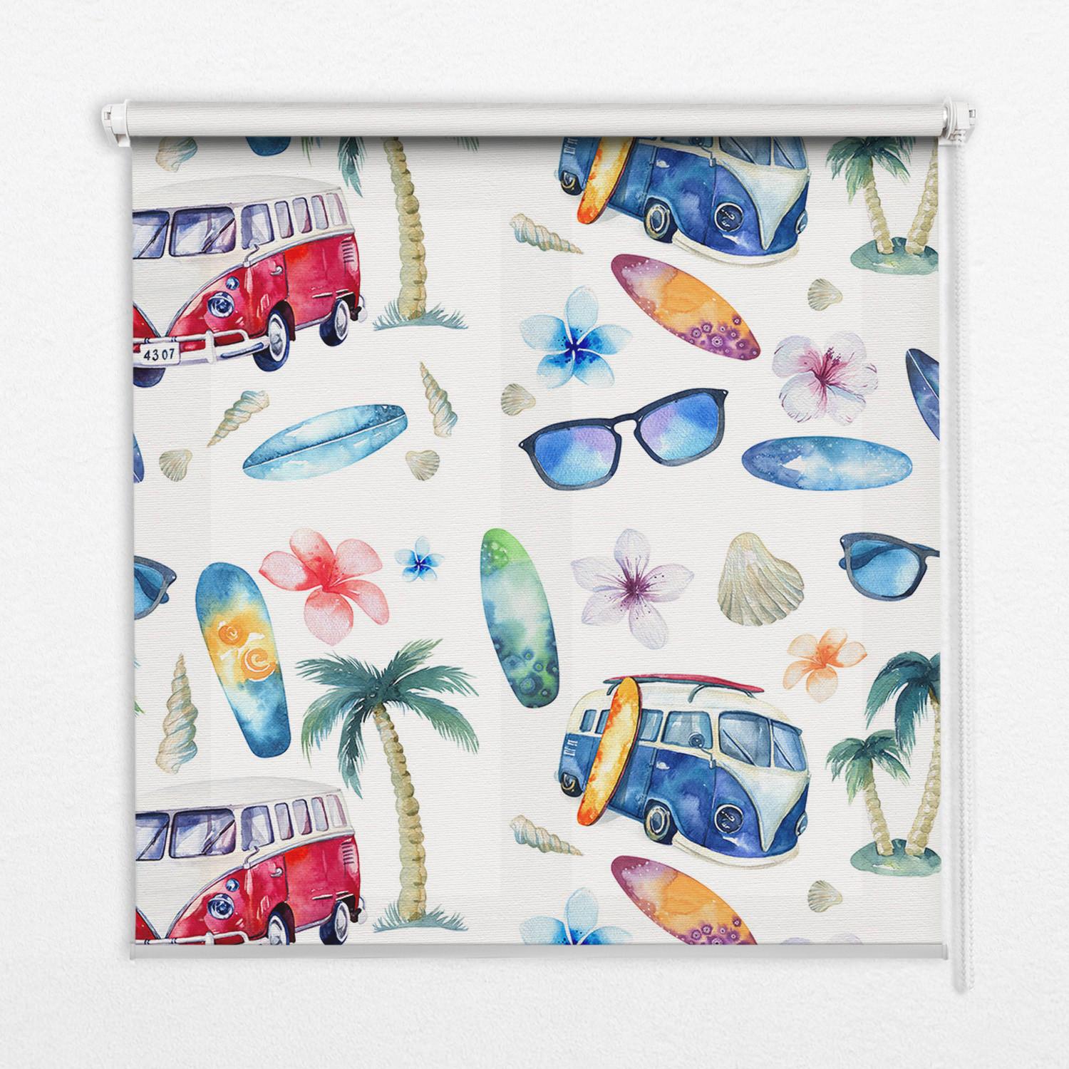 INNENROLLO - Fensterrollo - Rollo - 150x180 cm - Autos und Palmen auf Hawaii - Rot, Kunststoff (150/180/0.5cm) - TULUP
