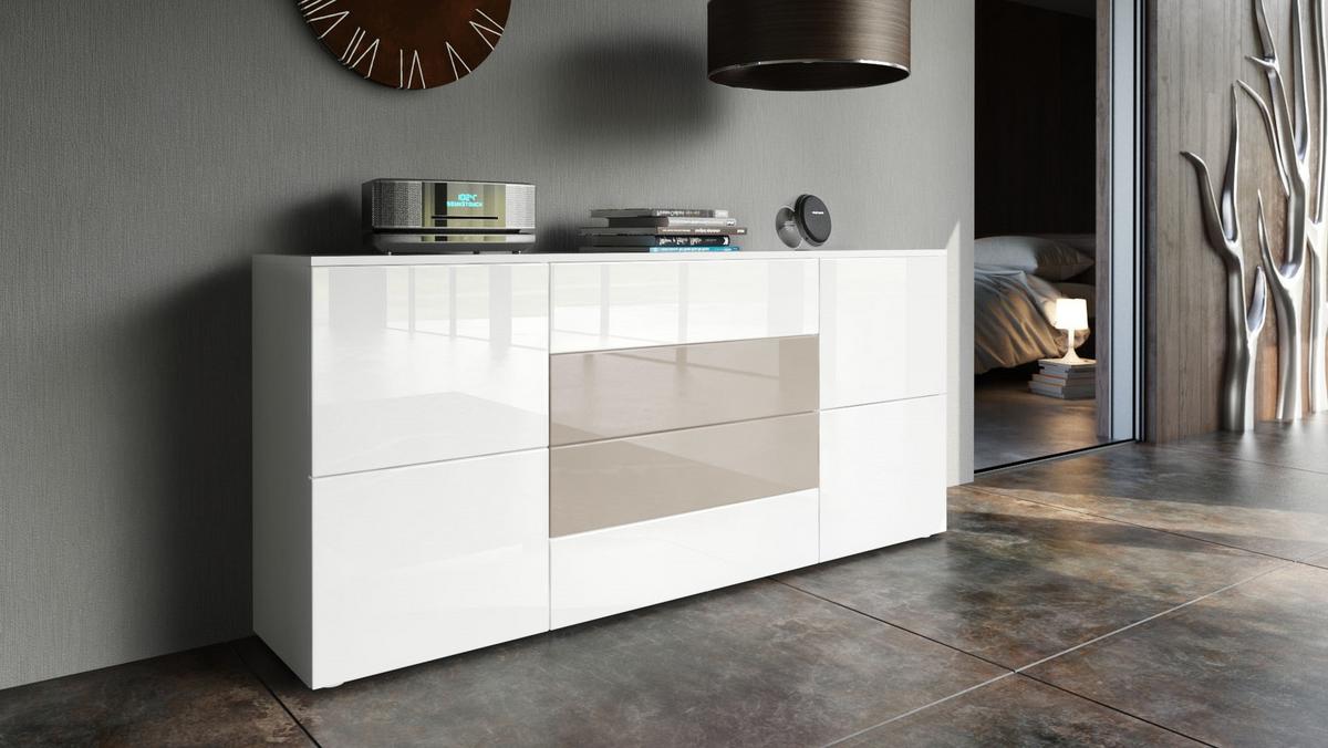 SIDEBOARD Rova Weiß Hochglanz / Sandgrau Hochglanz - Weiß Hochglanz/Beige, Holzwerkstoff (166/72/35cm) - Vladon