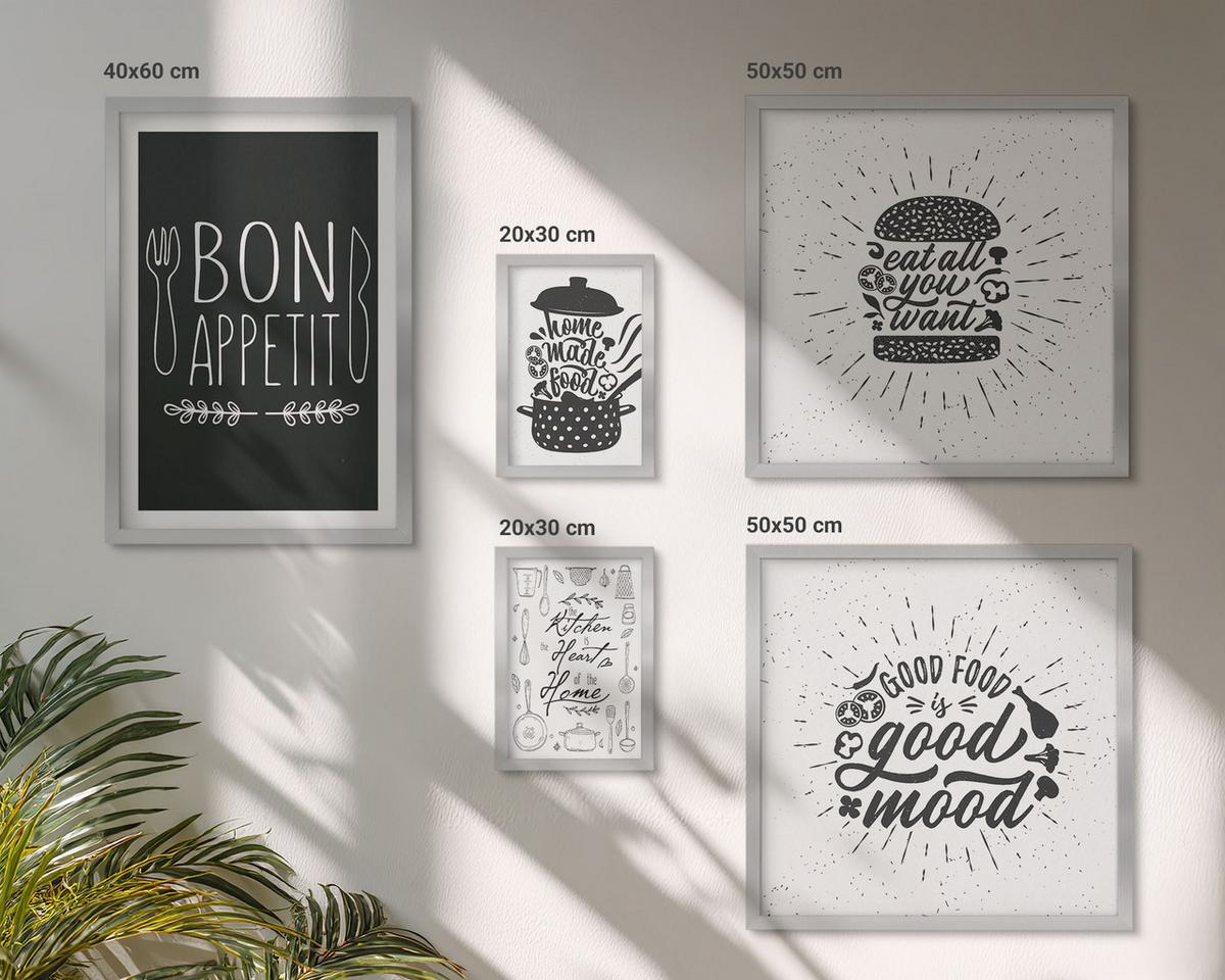 BILDER SET 5er Set - 50x50 cm & 20x30 cm & 40x60 cm Silberner Rahmen - Grafiken, Lebensmittel, kulinarische Slogans - Silberfarben, Kunststoff (40/60cm) - TULUP