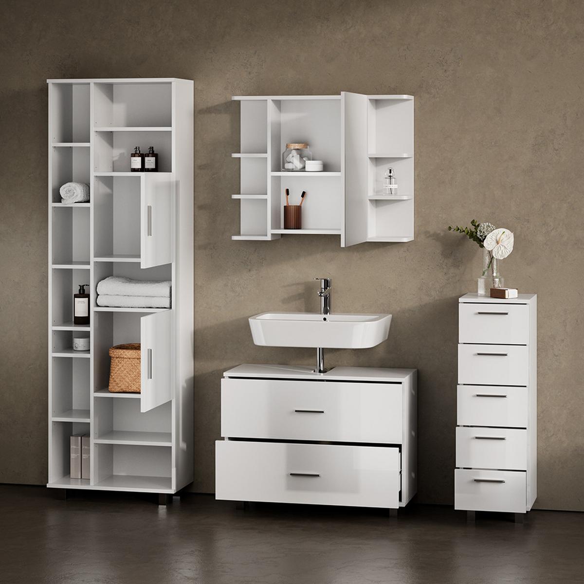 BADMÖBEL-SET Eisak Weiß Hochglanz 4 Teile, mit Hochschrank - Weiß Hochglanz, Holzwerkstoff (80/60/33cm) - Livinity®