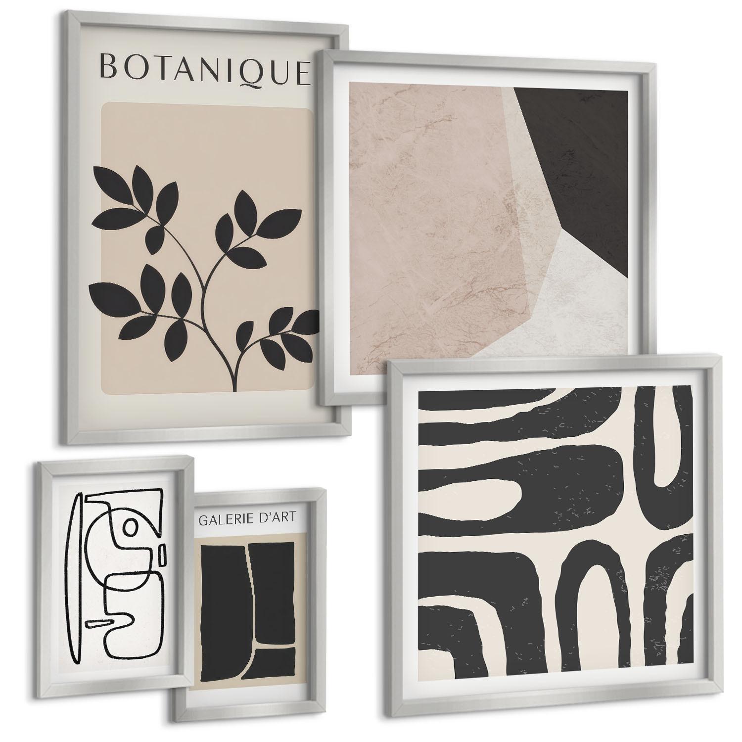 BILDER SET 5er Set - 50x50 cm & 20x30 cm & 40x60 cm Silberner Rahmen - Abstrakte Boho-Musterformen - Silberfarben, Kunststoff (40/60cm) - TULUP