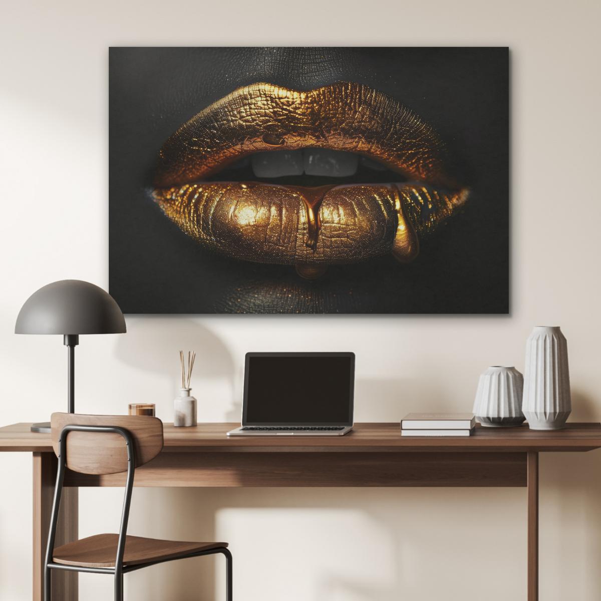 AKUSTIKBILD Frau - Porträt - Lippen - Gold - Schwarz Wandbild Wohnzimmer 100x70 cm - Schwarz, Kunststoff (100/70/0.9cm) - MuchoWow