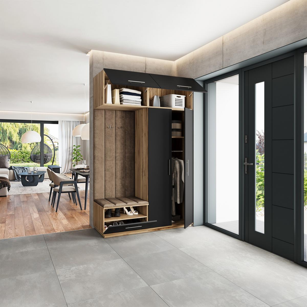GARDEROBENSCHRANK REMA 150/240/60 cm Modern Garderobe-Set Eiche Wotan - Eiche Wotan/Schwarz, Holzwerkstoff (150/240/60cm) - MASSENO