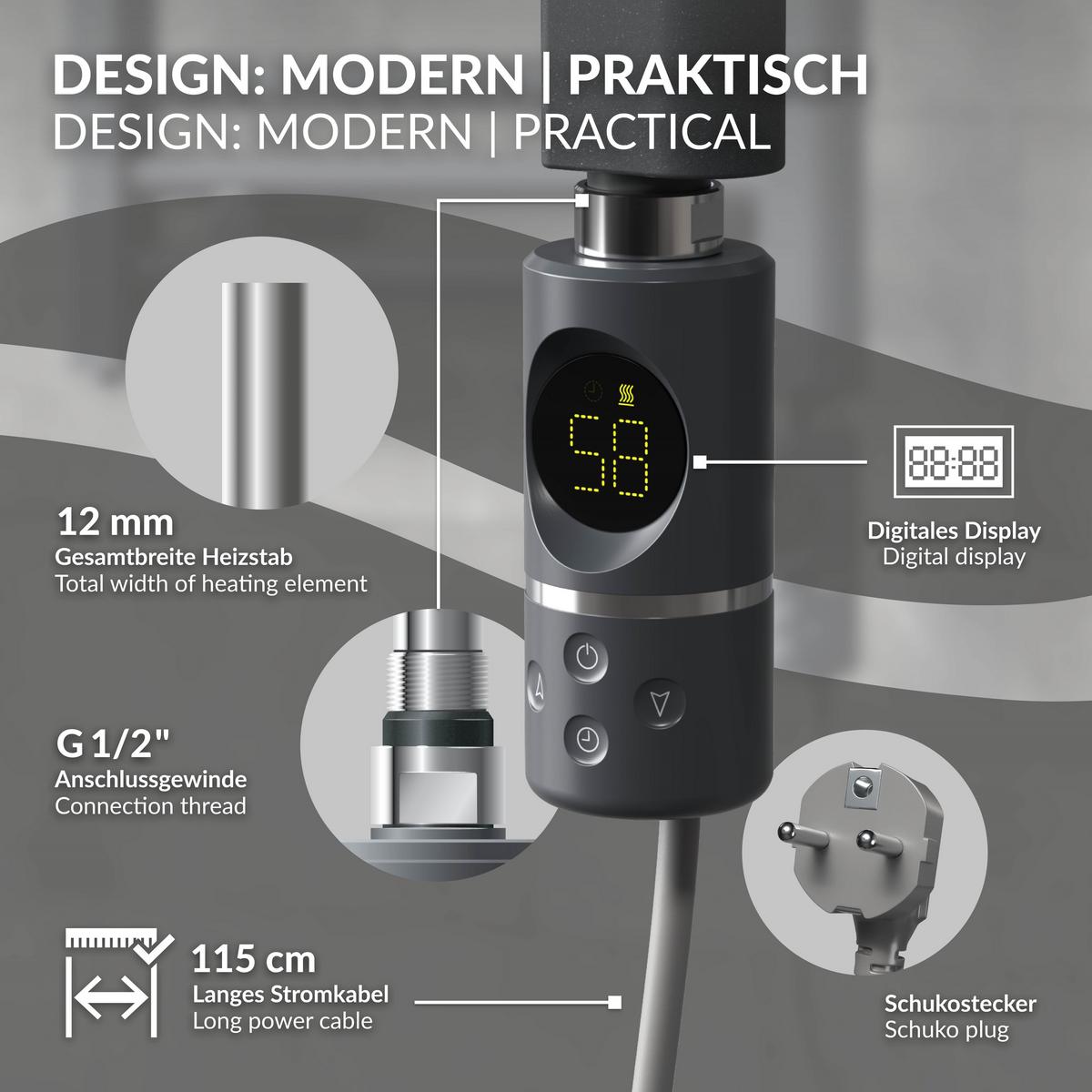 BADHEIZKÖRPER elektrisch Sahara 400x1500 mm Anthrazit gerade mit Heizstab 1200W Digital - Anthrazit, Metall (40/150/3cm) - LuxeBath