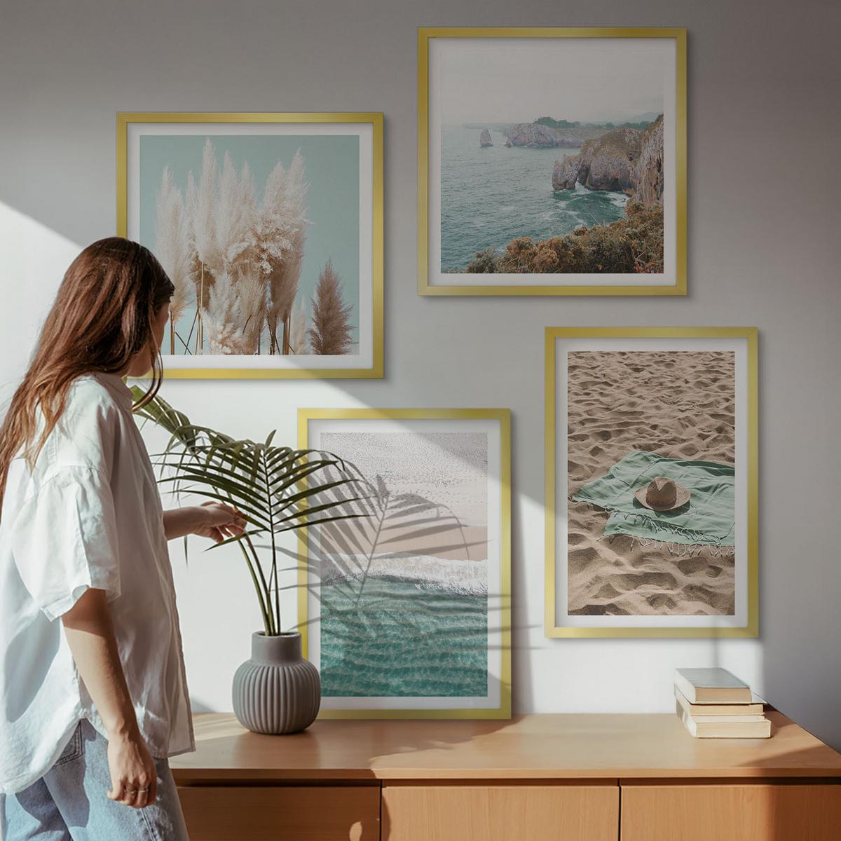 BILDER SET 4er Set - 50x50 cm & 40x60 cm Goldrahmen - Strandwellen Grashut - Goldfarben, Kunststoff (50/50cm) - TULUP