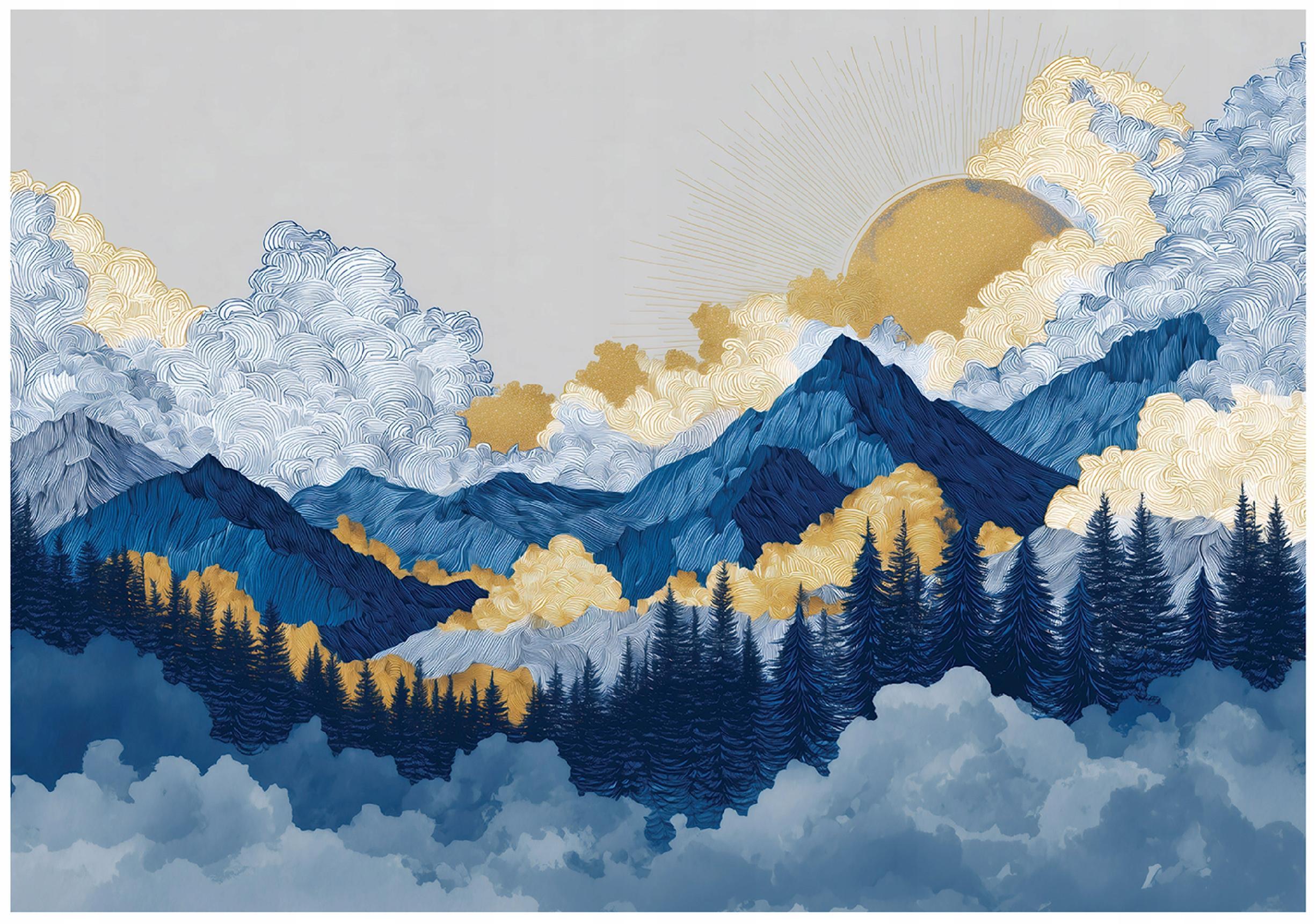 FOTOTAPETE Gebirge Aquarell Blau 400x280 cm - Multicolor, Papier (400/280cm) - Wallarena