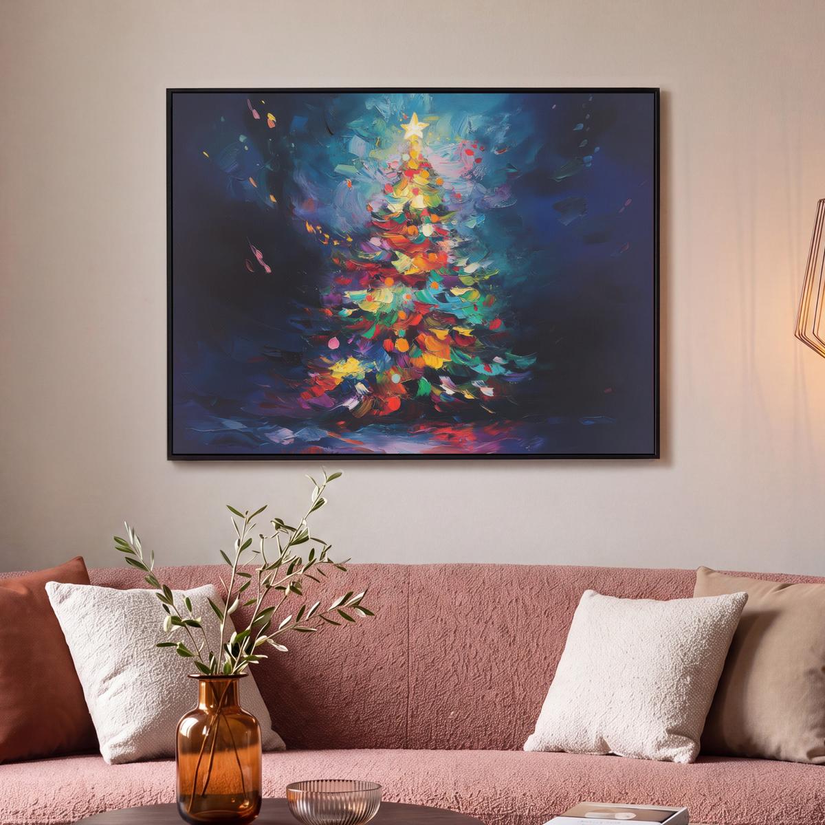 LEINWAND Bilder mit Rahmen - Weihnachtsbaum - Weihnachten - Abstrakt - Farbenfroh - 100x70 - Multicolor, Textil (100/70cm) - MuchoWow