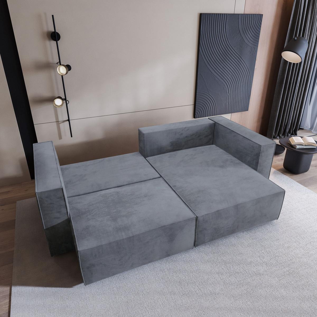 ECKSOFA NERIO M Grau Velours-Stoff mit Schlaffunktion - Grau, Holz/Kunststoff (245/148cm) - MASSENO