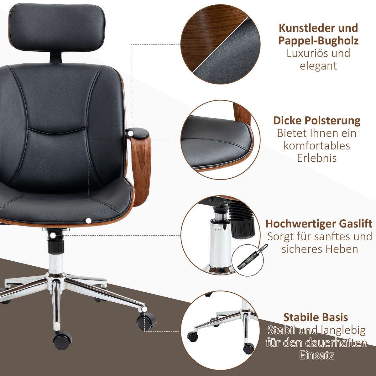 BÜROSTUHL Kunstleder Schwarz - Walnussfarben/Schwarz, Leder/Holz (65/125/66cm) - Vinsetto