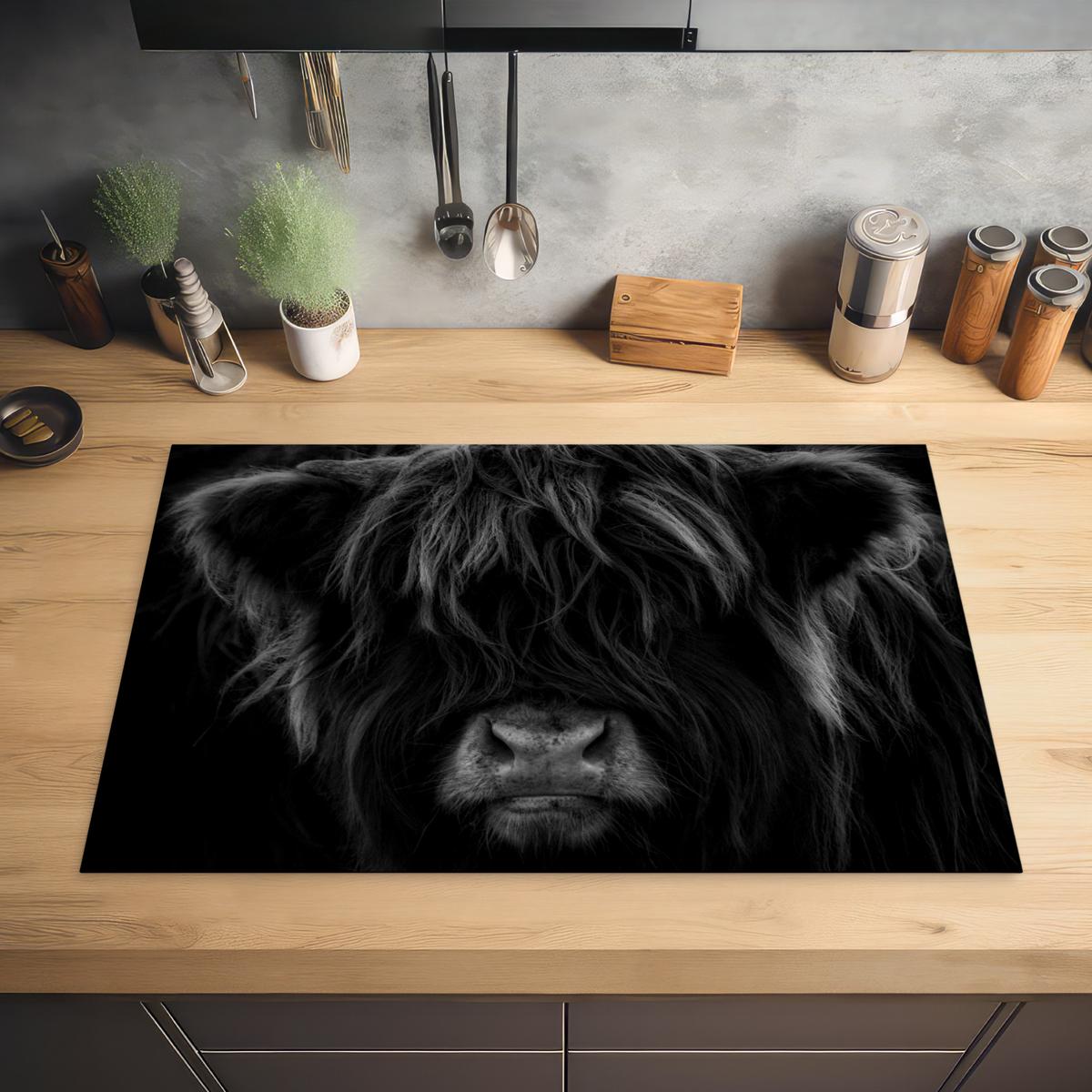 HERDABDECKPLATTE Schottischer Highlander - Kuh - Schwarz - Weiß - Tiere Induktionsmatte 81x52 cm - Schwarz, Kunststoff (81/52/0.2cm) - MuchoWow