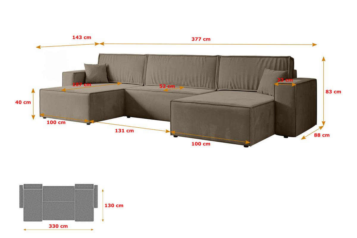 WOHNLANDSCHAFT mit Schlaffunktion und Bettkasten CELTIC-XLU - 377x143x83 cm Braun Velours - Schwarz/Braun, Holzwerkstoff/Kunststoff (377/83/143cm) - ALTDECOR