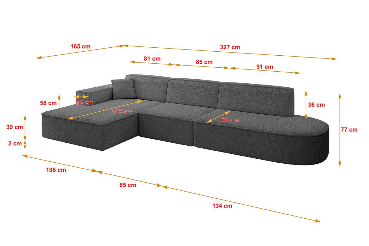 ECKSOFA Ottomane Links IREA-L2-v4 - 327x165x77 cm Grau - Olivgrün, Holzwerkstoff/Textil (327/165cm) - ALTDECOR