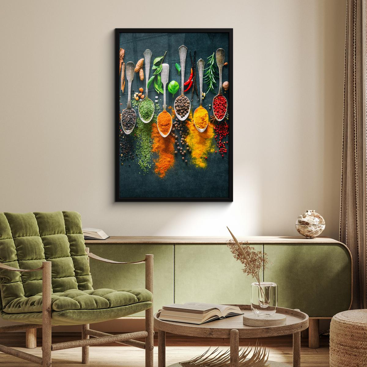 POSTER MIT RAHMENGERAHMTES BILD Kräuter - Gewürze - Löffel 60x90 cm - Currygelb, Papier (60/90cm) - MuchoWow