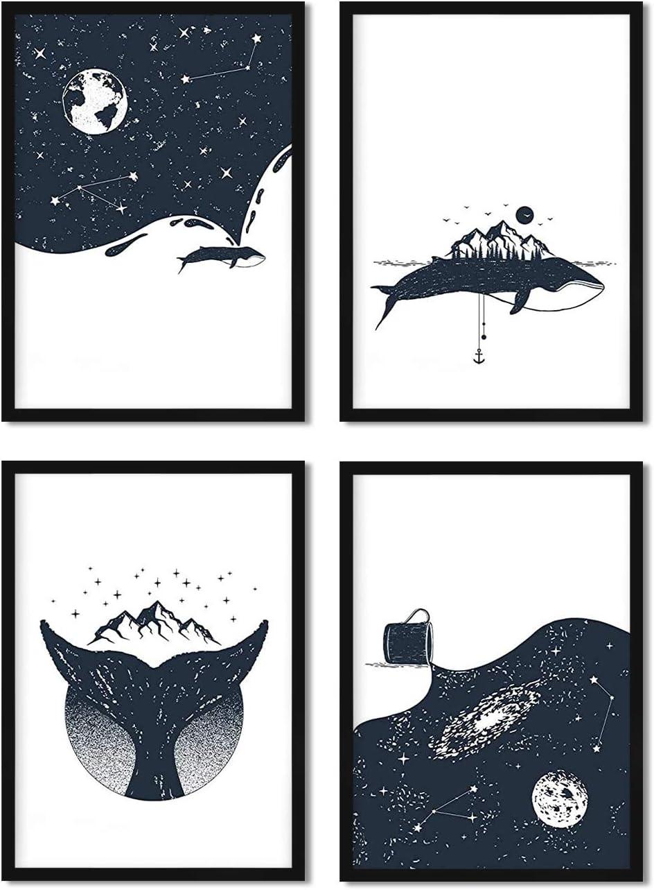 POSTER Set mit 4 Natur im nordischen Stil Wale und die Milchstraße in blauweiß A4 Rahmenlos - Klar, Papier (29.7/3cm) - Nacnic