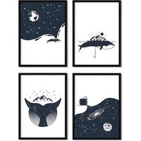 POSTER Set mit 4 Natur im nordischen Stil Wale und die Milchstraße in blauweiß A4 Rahmenlos - Klar, Papier (29.7/3cm) - Nacnic