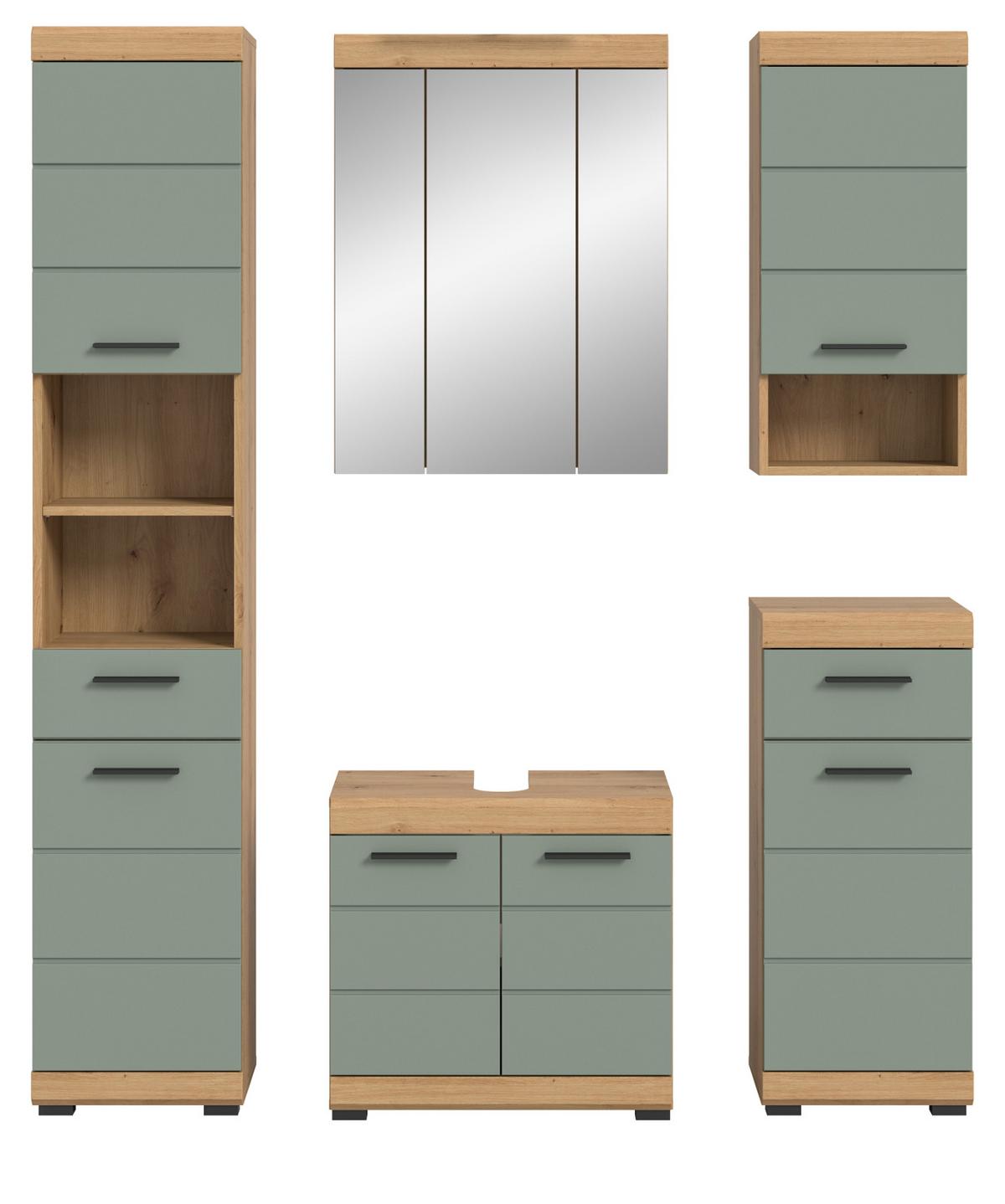 BADMÖBEL-SET Salbei grün, Eiche Artisan 5-teilig 164 cm, Komplettset mit viel Stauraum - Salbeigrün/Schwarz, Glas/Holzwerkstoff (164/191/34cm) - Inn.Furn