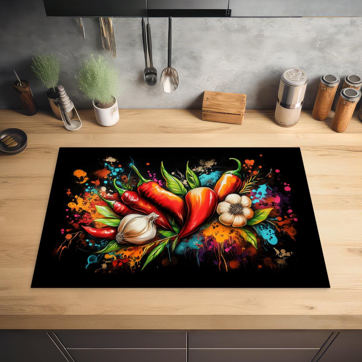 HERDABDECKPLATTE Gemüse - Paprika - Knoblauch - Graffiti - Farbe - Bunt Ceranfeldabdeckung 78x52 cm - Rot, Kunststoff (78/52/0.2cm) - MuchoWow