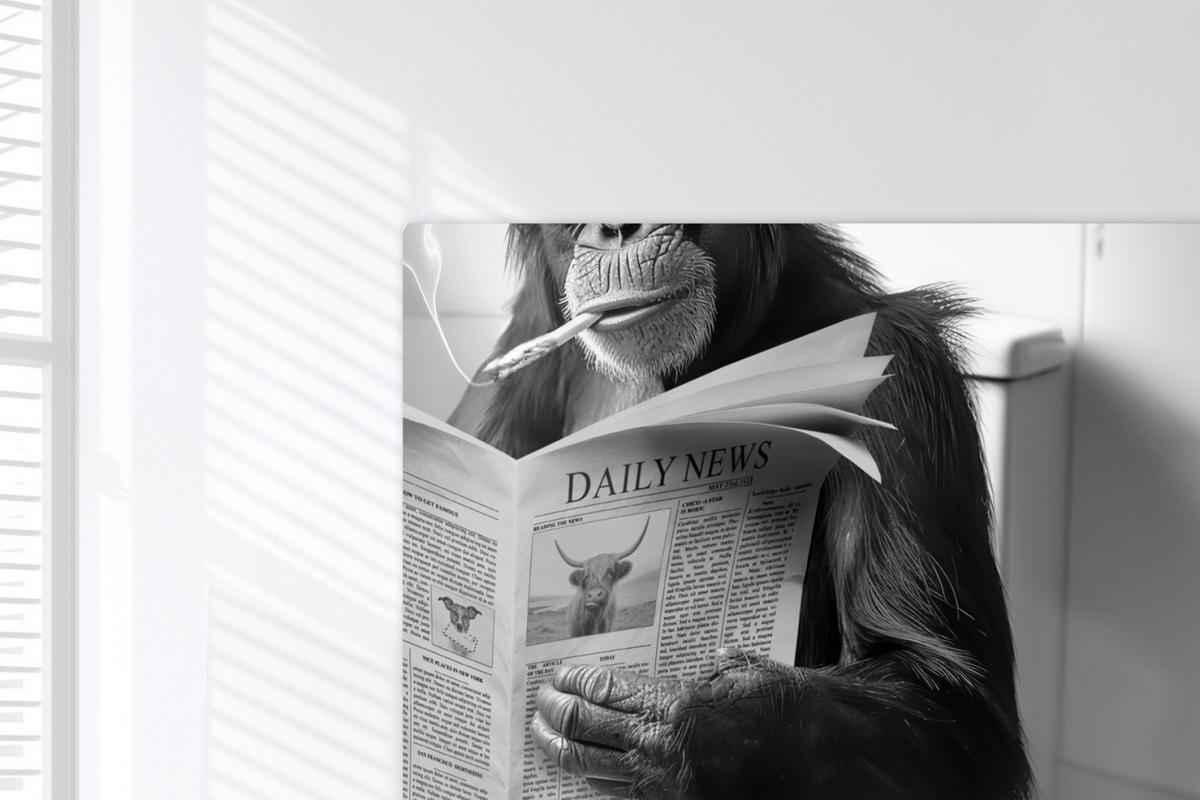 LEINWANDBILD Affe - WC - Zeitung - Schwarz-Weiß - Humor Wohnzimmer Groß 120x80 cm - Hellgrau, Textil (120/80cm) - MuchoWow