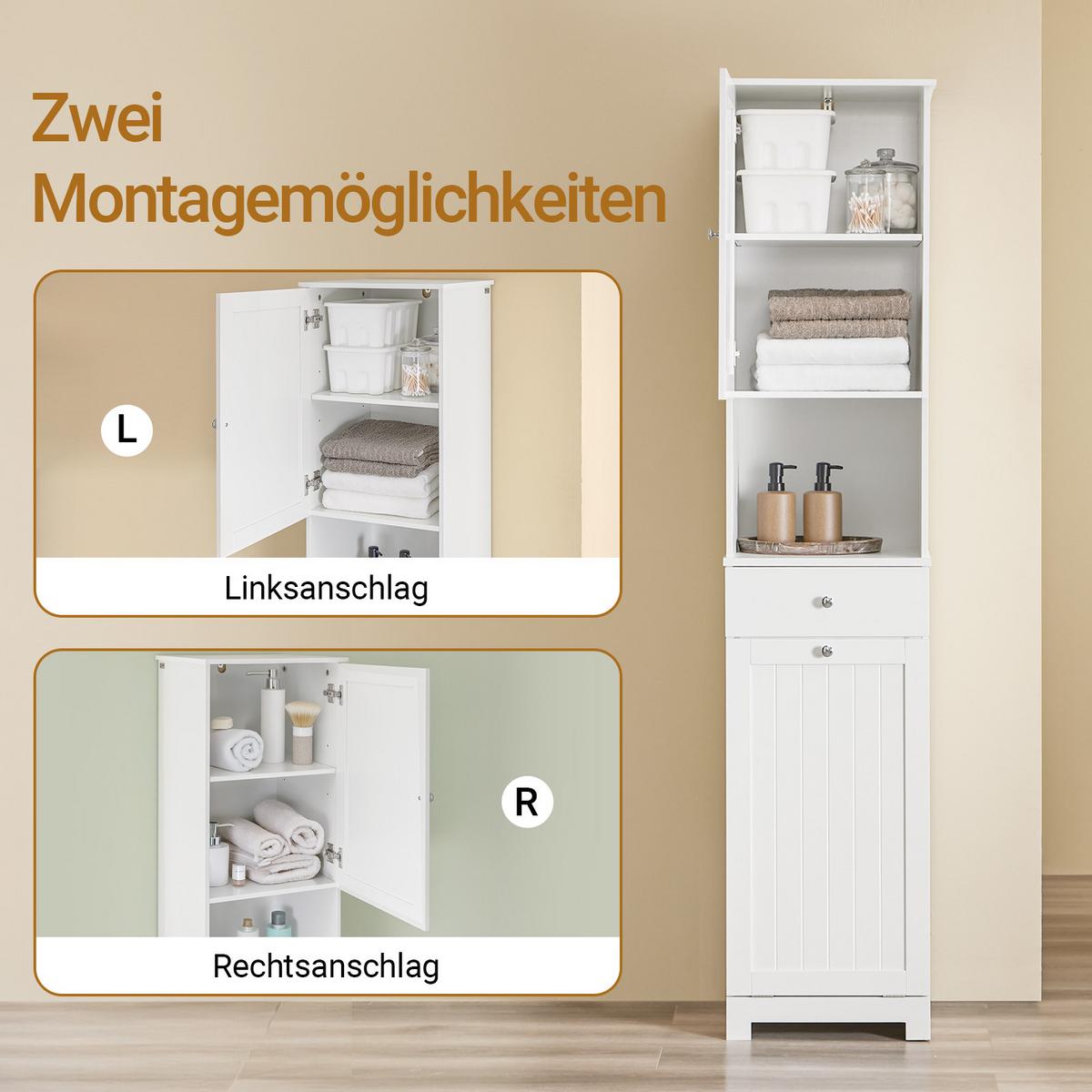 HOCHSCHRANK mit Wäschesack 40x38x180cm - Weiß, Holzwerkstoff (40/180/38cm) - SoBuy