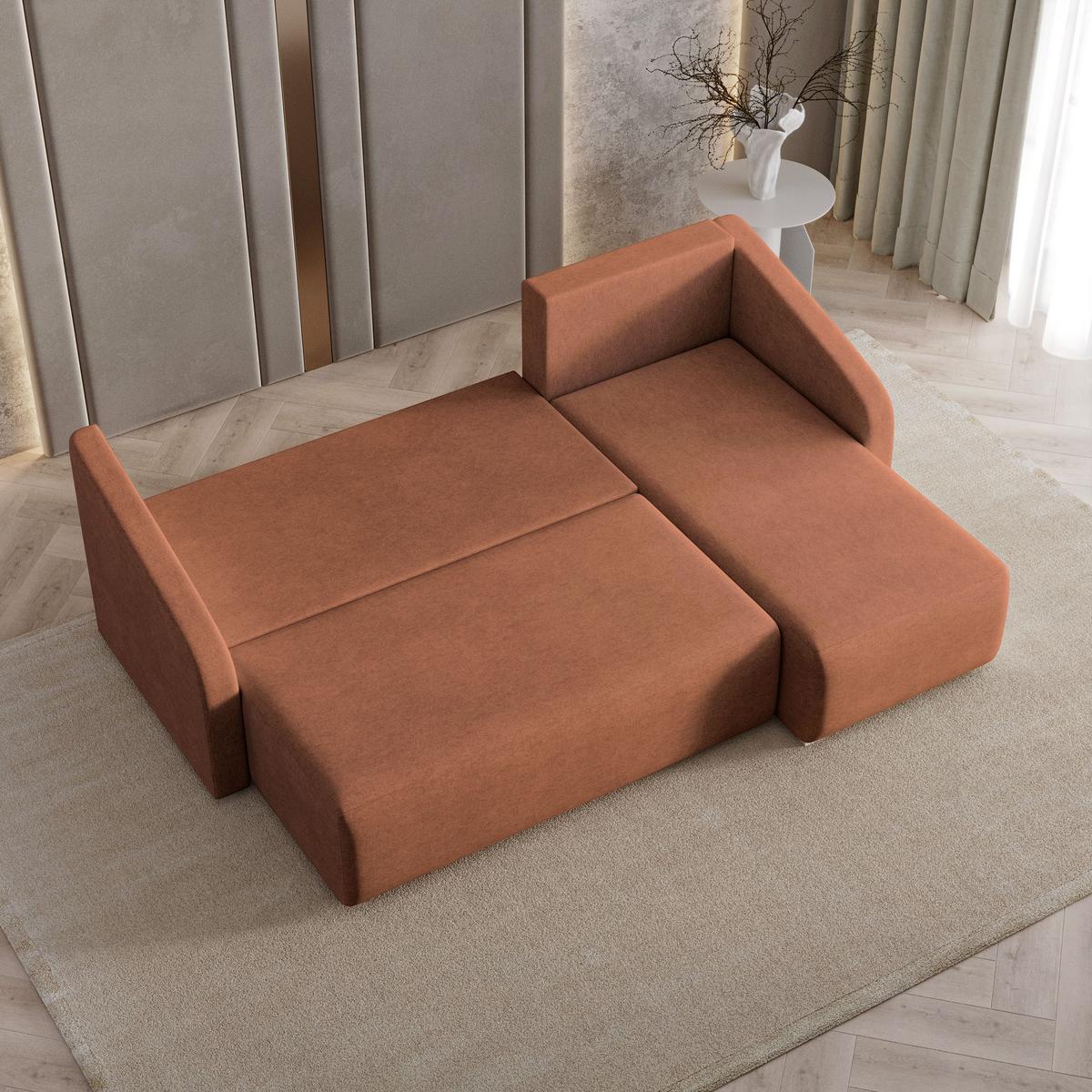 ECKSOFA MARELLO Kupferfarben Geflochtener Stoff mit Schlaffunktion - Kupferfarben, Holz (220/143cm) - MASSENO
