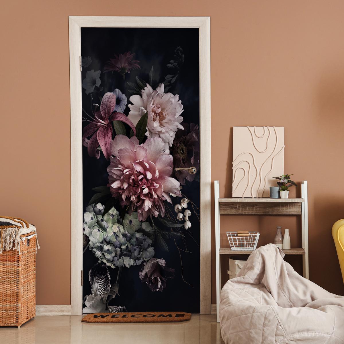 TÜRAUFKLEBER Selbstklebend - Blumen - Vintage - Pastell - Rosa - Weiß 95x215 cm - Türtapete - Altrosa, Kunststoff (95/215cm) - MuchoWow