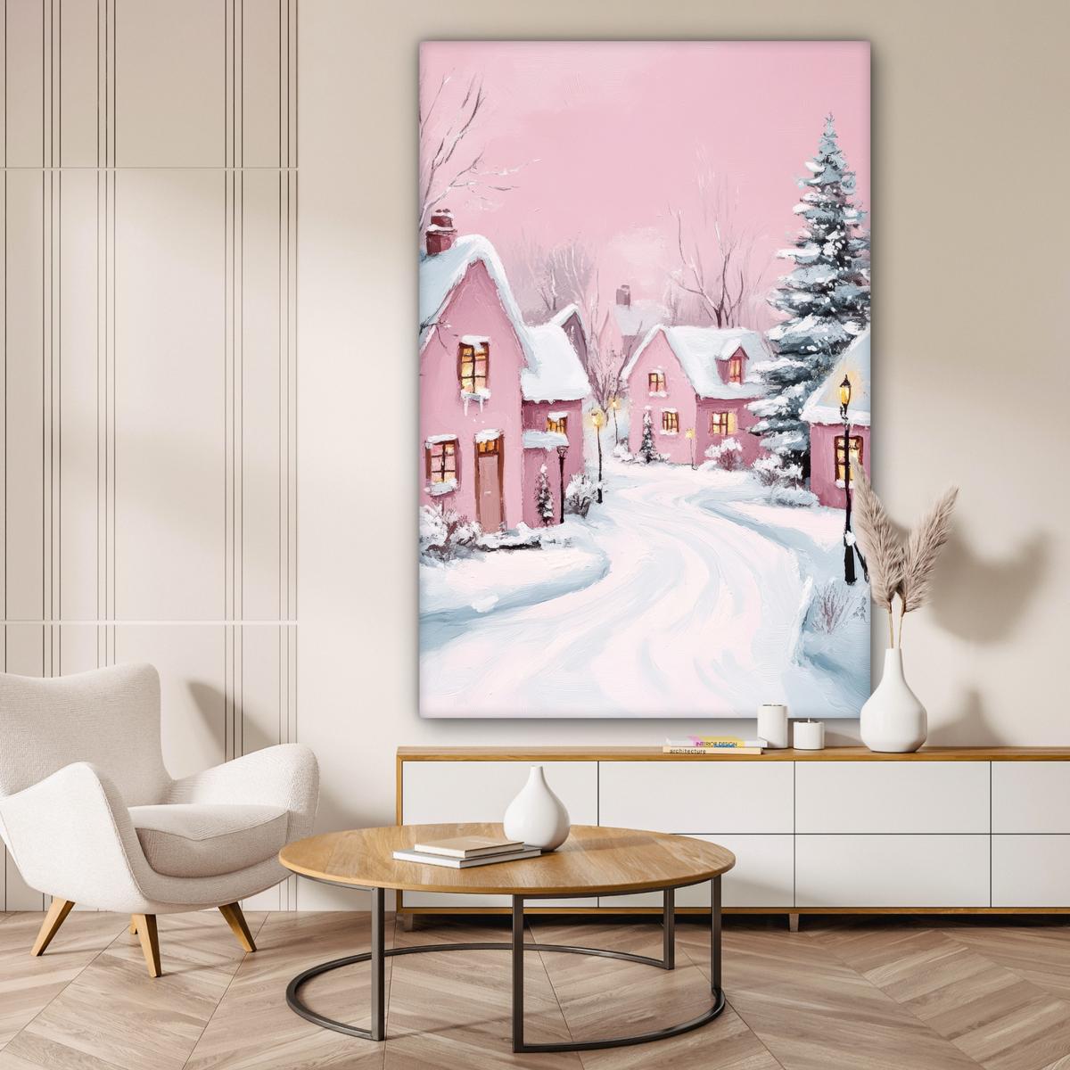 LEINWANDBILD Weihnachtsdorf - Rosa - Winter - Schnee - Häuser Deko Groß 90x140 cm - Altrosa, Textil (90/140cm) - MuchoWow