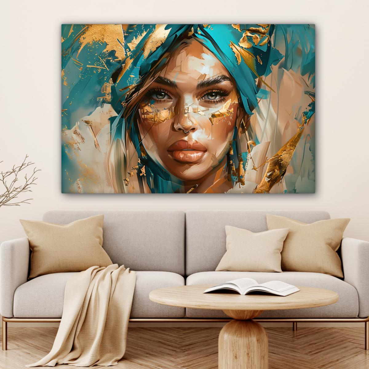 LEINWANDBILD Frau - Porträt - Gold - Luxus - Blau Groß 140x90 cm - Türkis, Textil (140/90cm) - MuchoWow