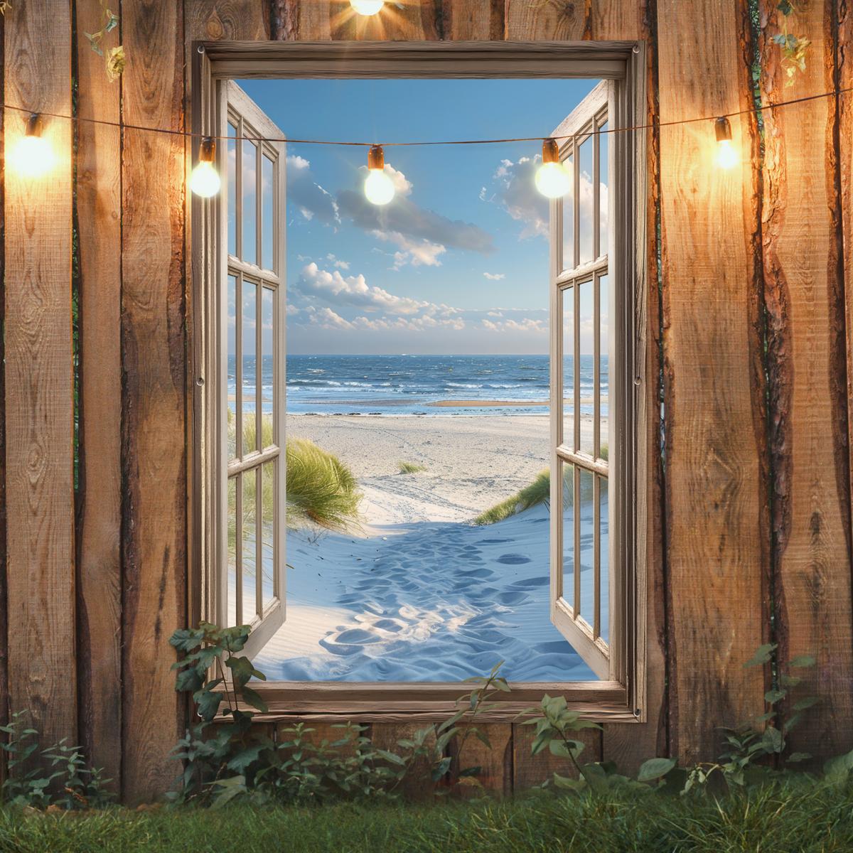 GARTENPOSTER Aussicht - Strand - Fenster - Dünen - Meer Bild 120x180 cm - Hellblau, Kunststoff (120/180/0.2cm) - OnlyWow