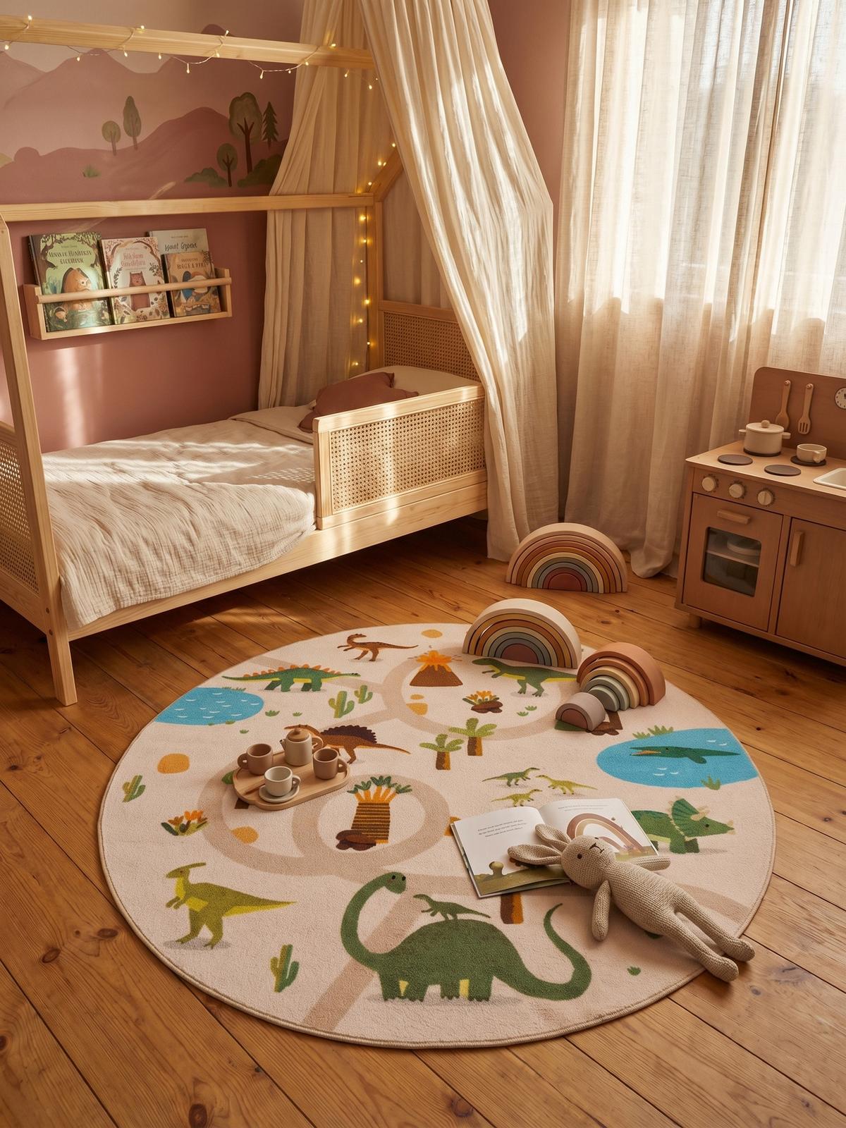 SPIELTEPPICH Waschbar TINO in Beige, mit Dino-Landschaft, Ø 120 cm - Beige, Textil (120/120cm) - KADIMA DESIGN