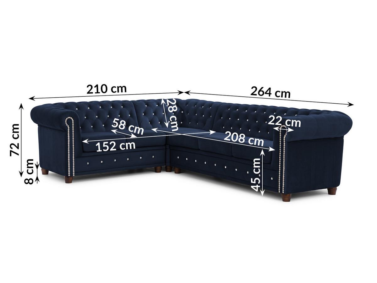 ECKSOFA Chesterfield Cleo Blink Marineblau Samt mit Kristallsteppung und braunen Massivholzfüßen - Ottomane Links - Blau/Braun, Holz/Textil (264/210cm) - S-Style