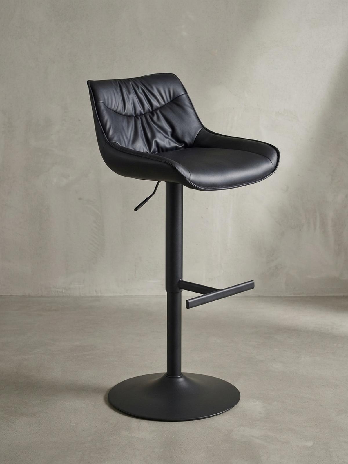 BARHOCKER – Kunstleder Schwarz, Rückenlehne, höhenverstellbar 86–106 cm, Trompetenfuß, 100 kg - Schwarz, Kunststoff/Textil (45/106/55cm) - KADIMA DESIGN