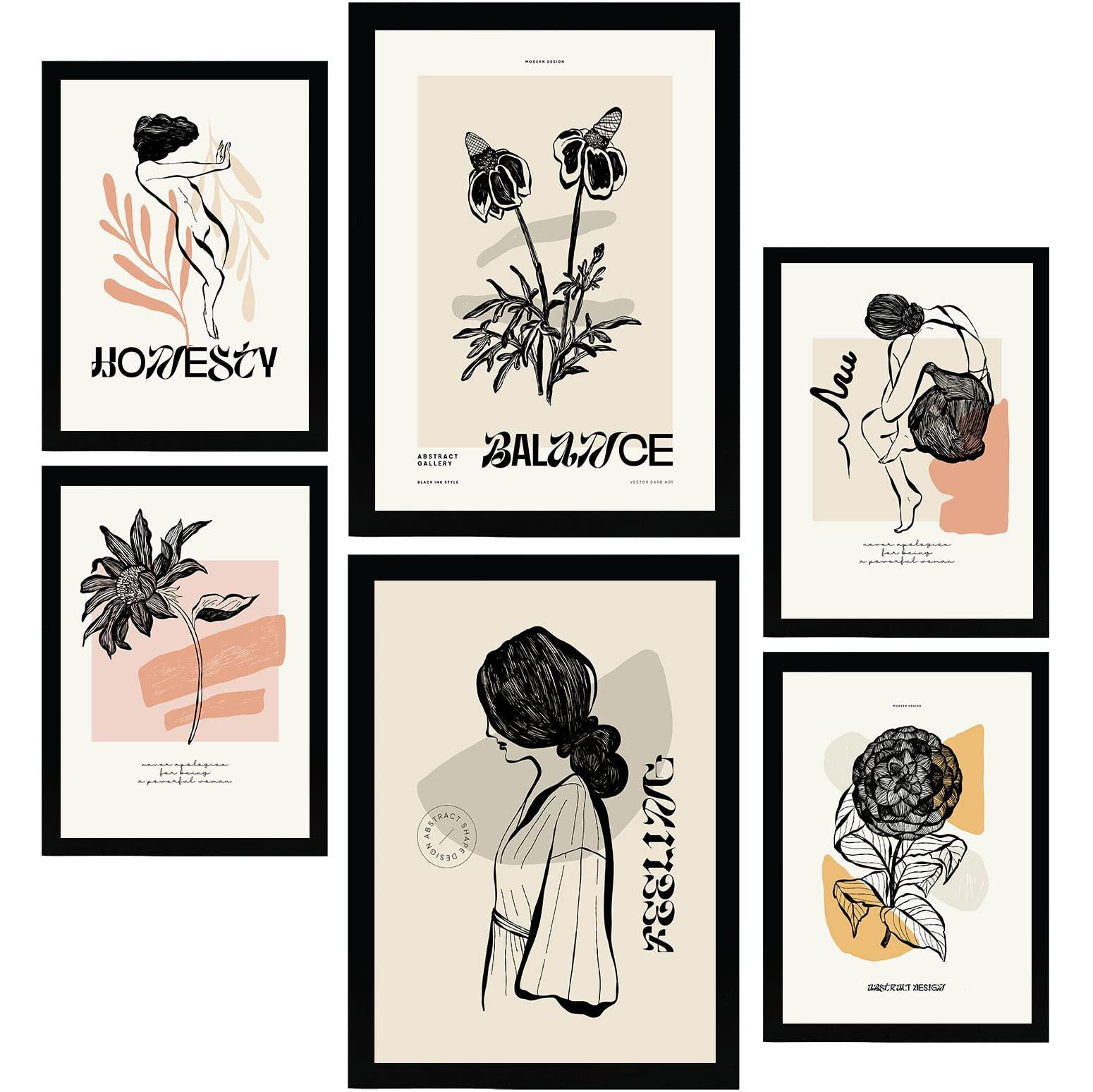 POSTER Set Mit 6 In Schwarzer Tinte Gefühle Kunstdrucke Im Skizzenstil Für Innenarchitektur A3 & A4 Schwarzer Rahmen - Schwarz, Papier (29/3cm) - Nacnic