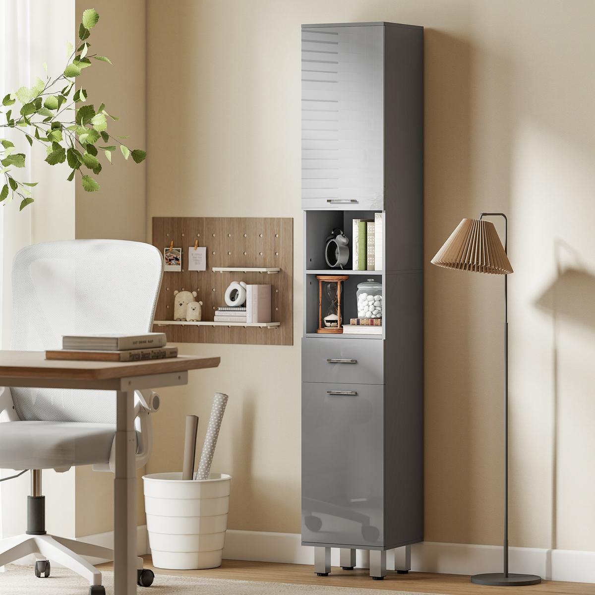 BADEZIMMERSCHRANK Spanplatte Grau - Alufarben/Grau, Holzwerkstoff/Kunststoff (30/180/30cm) - Kleankin