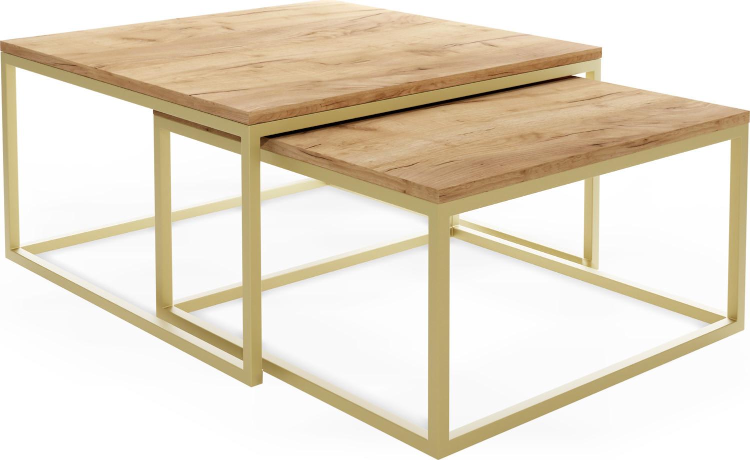 COUCHTISCHE Vella Gold 2er-Set quadratisch, Craft Eiche 76/76/39cm + 66/66/34 cm - Eiche Wotan/Goldfarben, Holzwerkstoff/Metall (76/76/39cm) - WFL GROUP