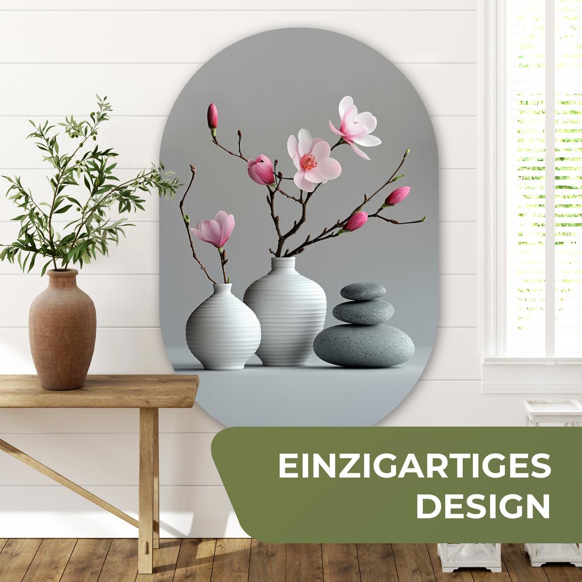 WANDBILD Magnolie - Blumen - Rosa - Zen-Steine Deko Groß 80x120 cm - Hellgrau, Kunststoff (80/120cm) - MuchoWow