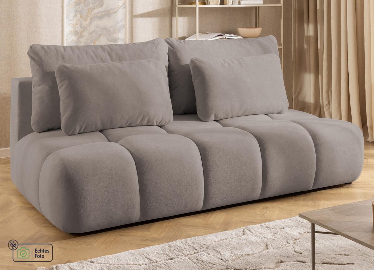 SCHLAFSOFA Belluno aus hochwertigem Taupe Plüschstoff mit Bettkasten und tiefen Steppungen in Bubble-Optik - Taupe/Schwarz, Holz/Kunststoff (205/87/105cm) - S-Style