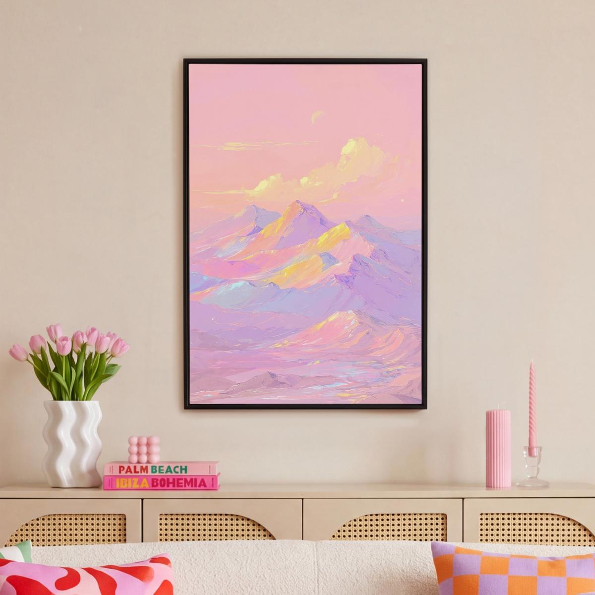 LEINWAND Bilder mit Rahmen - Berggipfel - Wolken - Verträumt - 60x90 - Hellrosa, Textil (60/90cm) - MuchoWow